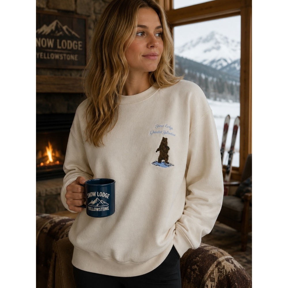 John Galt Erica Snow Lodge Greater Yellowstone Bear Sweatshirt Cream Cotton Sz M - Picture 1 of 9